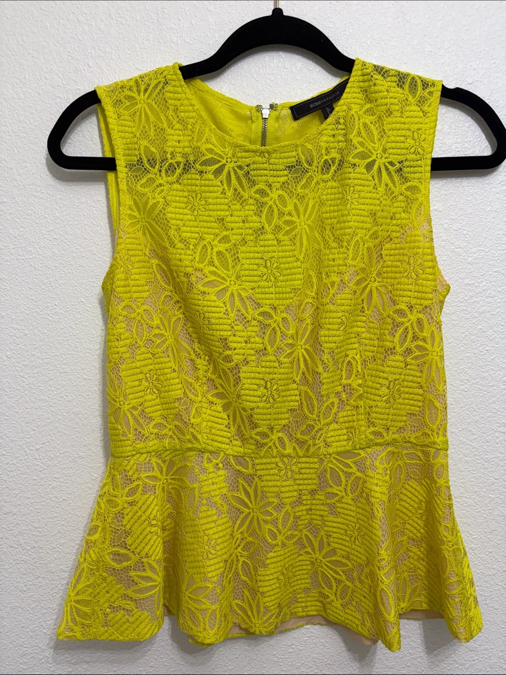 BCBGMaxAzria Neon Yellow Lace Peplum Camisole